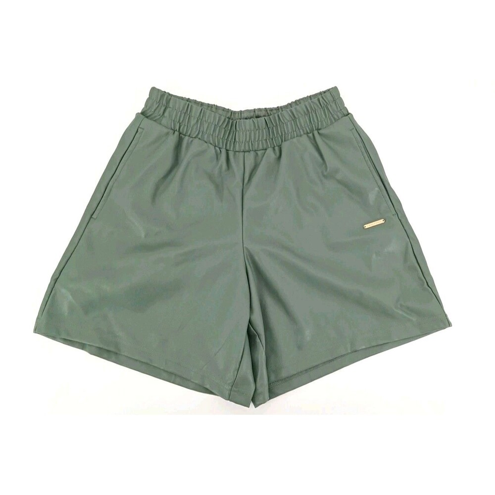 Fabletics NWT Smoke Green Vegan Leather High Rise Shorts Minimalist Quiet Luxury